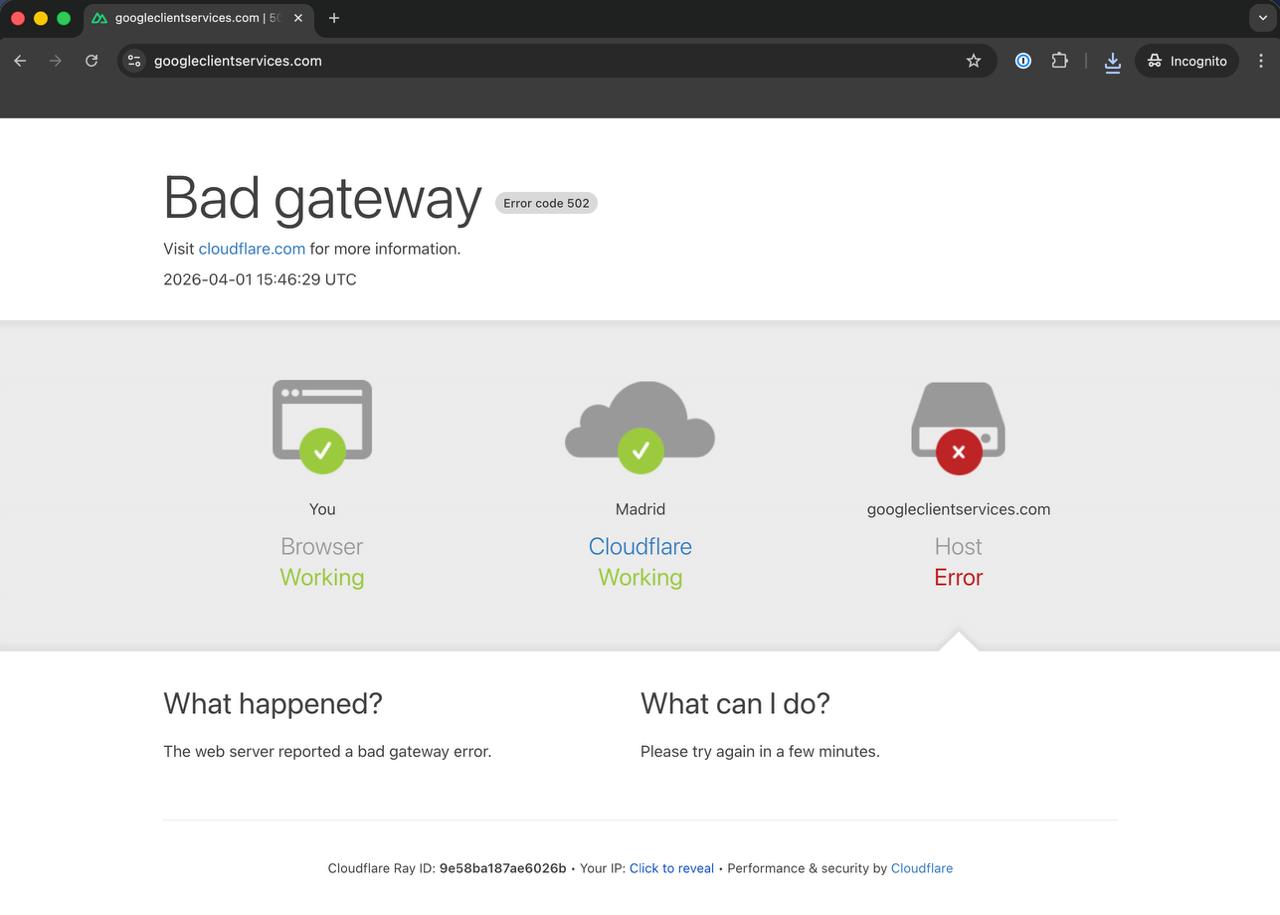 Cloudflare 502 Bad Gateway tras exploración de la infraestructura
