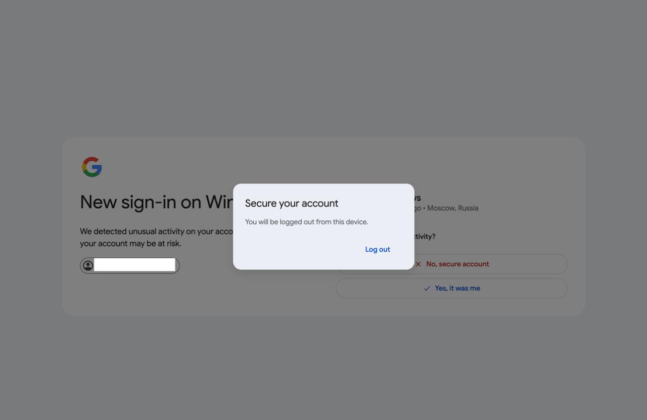 Phishing Google — inicio de sesión simulado desde Moscú